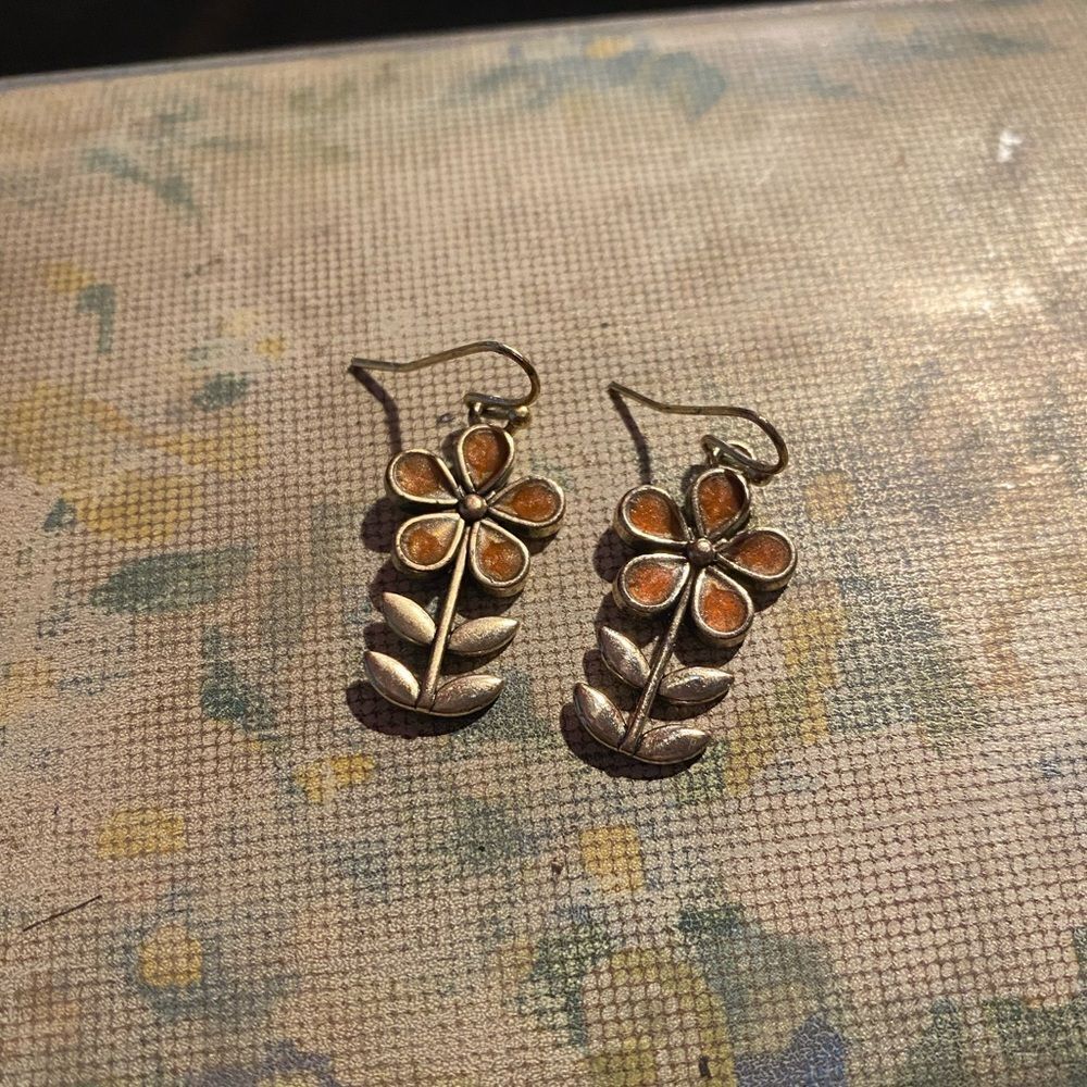 Tiny Gold and Orange Color Flower Earrings